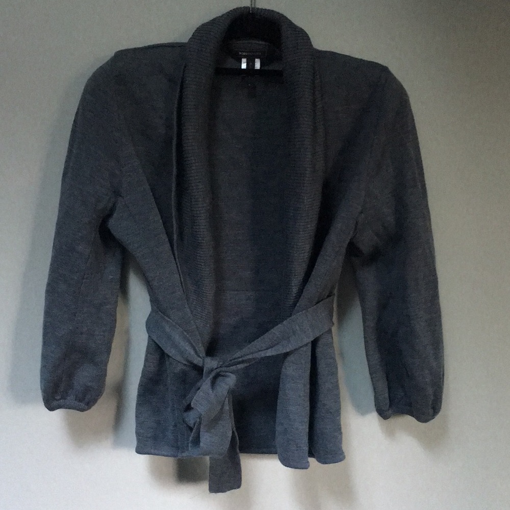 Gray BCBGMaxAzria 100% Merino cardigan with belt